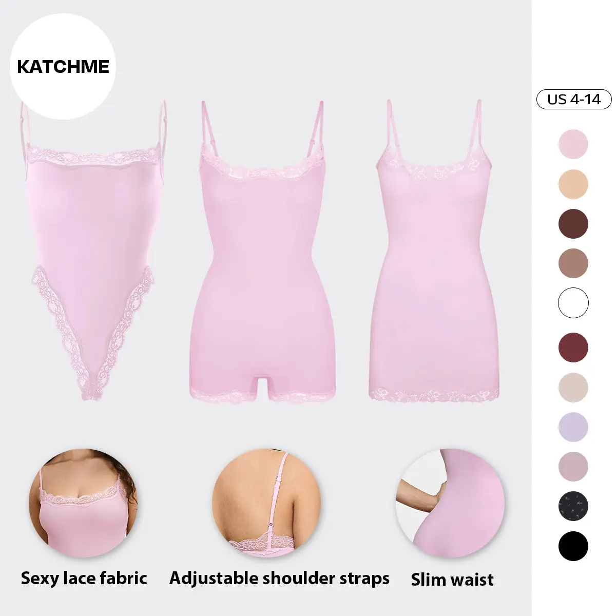 KatchMe Lace Series Women's Spaghetti Strap Lace Trim Breathable Bodysuit, Slim-Fitting Chic Playsuit, Seamless Sexy Nightdress