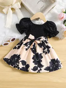 Ruched Baby Dress 0-3 Years, Comfortable Floral Party Dress for Girls, Cute Fitted All over Print Clothing, Perfect for Little Ones