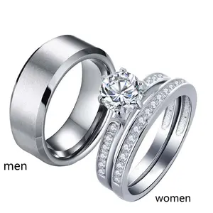 Ringcrown Couple Rings Matching Ring 1CT AAA CZ White Gold Plated Women Wedding Ring Sets For Him And Her Ring Sets Men Titanium Steel Wedding Band