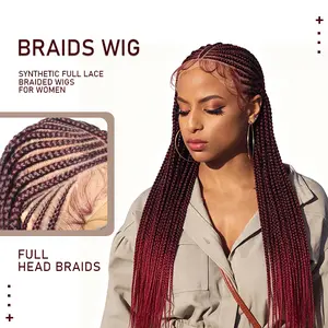 Straight-Back Cornrow Braided Wigs 32 Inch Long Synthetic Handmade Knotless Box Braiding Hair Lace Front Wig For Black Women