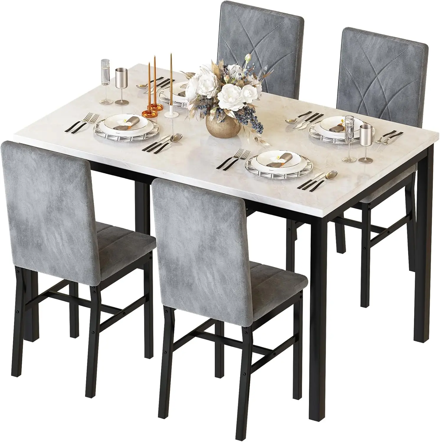 Hooseng 5-Piece Faux Marble Dining Table and Chair Set for 4 - Compact, Contemporary, Minimalist Indoor Set with Soft Velvet Seats, Ergonomic Chairs for Small Dining Rooms, Grey, Assembly Required
