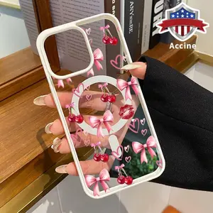 Magnetic Phone Case for iPhone 16 Pro Max 15 Plus 14 13 12 11 XR E XS Cherry Kiss Acrylic Back TPU Edges Clear support wireless charging Bumper Cover for Girl