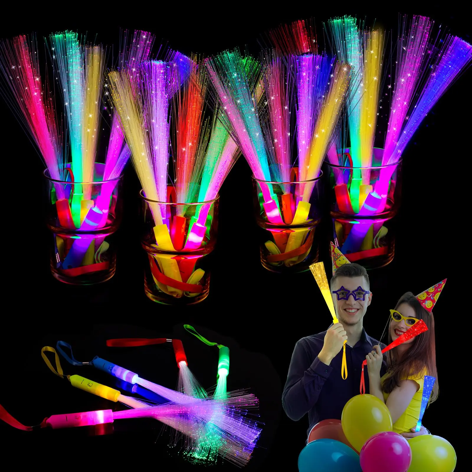 Durable Glow Fiber Optic Sticks (36 Count) - Multi-Color, 3 Light Modes - Glowing Party Favors for Halloween, Ceremony, Club Events