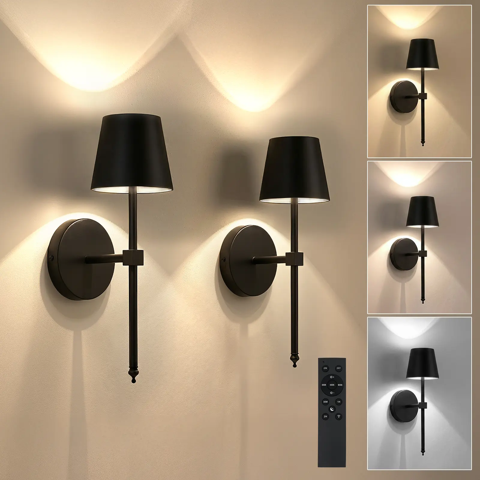 Wireless Battery-Powered Wall Lamps in with Dimmable Timer Remote, 5200mAh Black Vanity Light Fixtures for bedrooms, living rooms, corridors, kitchens ( Adjustable brightness wireless wine light) Rechargeable Wall Sconces Modern Mood Lighting wall lights