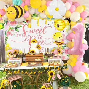 LaVenty So Sweet to Bee One Decoration Happy 1st Bee Day Balloon Set Pink & Black Bee-Themed Party Decorations with 5 Balloons and 1 Backdrop for Kids' Birthday
