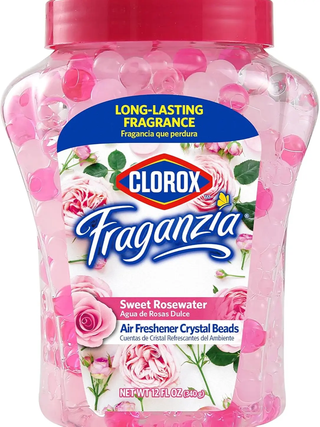 Clorox Fraganzia Crystal Beads Air Freshener Jar - Sweet Rosewater Aroma Fragrance Light Container, Long-Lasting Odor Eliminator Gel Beads for Home & Car, 12 Fl Oz