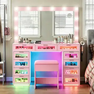 Vanity Desk with LED Lighted Mirror & Power Outlet, Pink Makeup Vanity Table with 3 Color Modes, RGB Lighting & Drawers, Dressing Table with Stool for Bedroom, 2 Packages