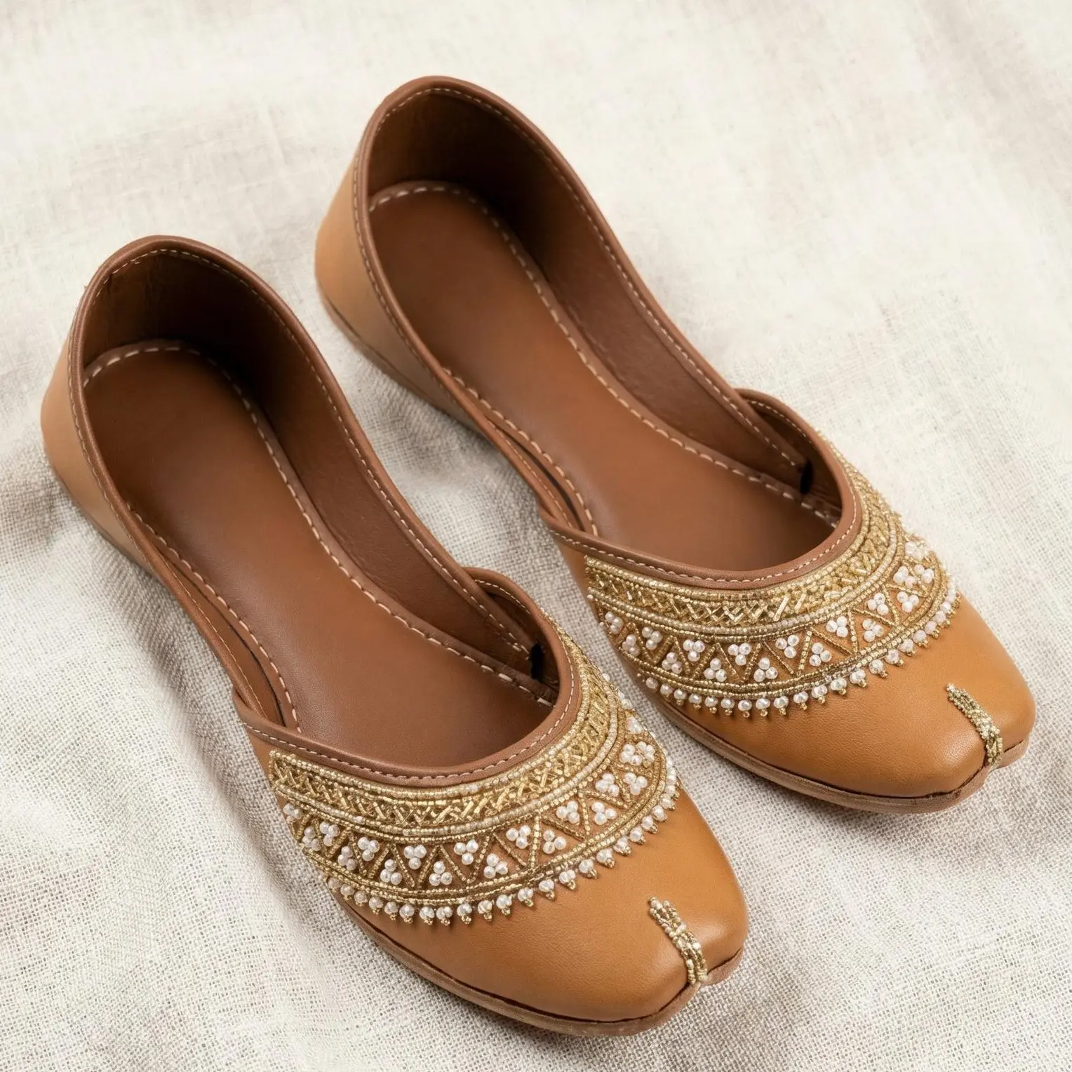 Women's Khussa Shoes, Pearl-Embellished Ethnic Mary Jane Slip Ons in Caramel Faux Leather with Gold Embroidery, Pearls, Slip On, Ethnic Mary Jane Shoes, Vegan Leather Style, All Seasons, Size 8, 10, Leather & Faux Leather