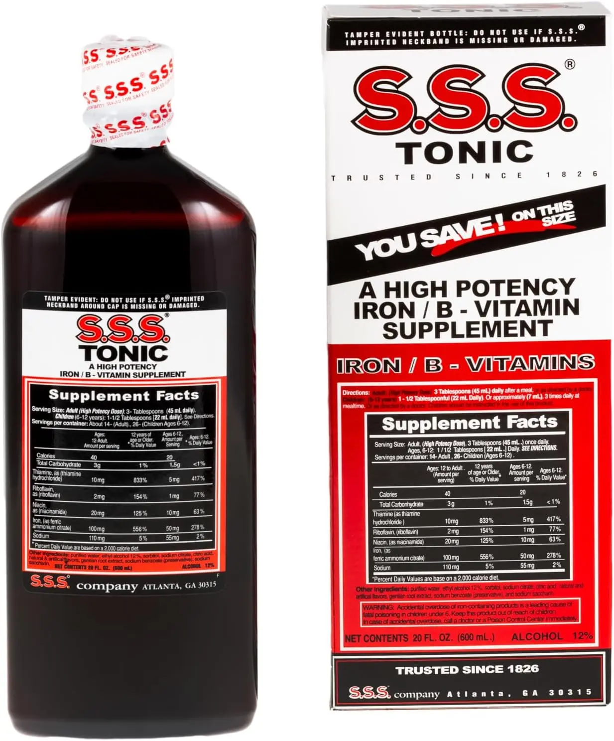 S.S.S. Tonic Liquid Iron & Vitamin B Supplement with B1, B2 & B3, 20 Fl Oz | High-potency, easy-to-take formula for daily energy support; made in USA