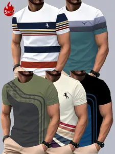 Set of 5, Striped Print Men'S Stylish Casual Short-Sleeve T-Shirts, Summer Round-Neck Quick-Dry Breathable Sports Short-Sleeve T-Shirts, Unique Short-Sleeve T-Shirts
