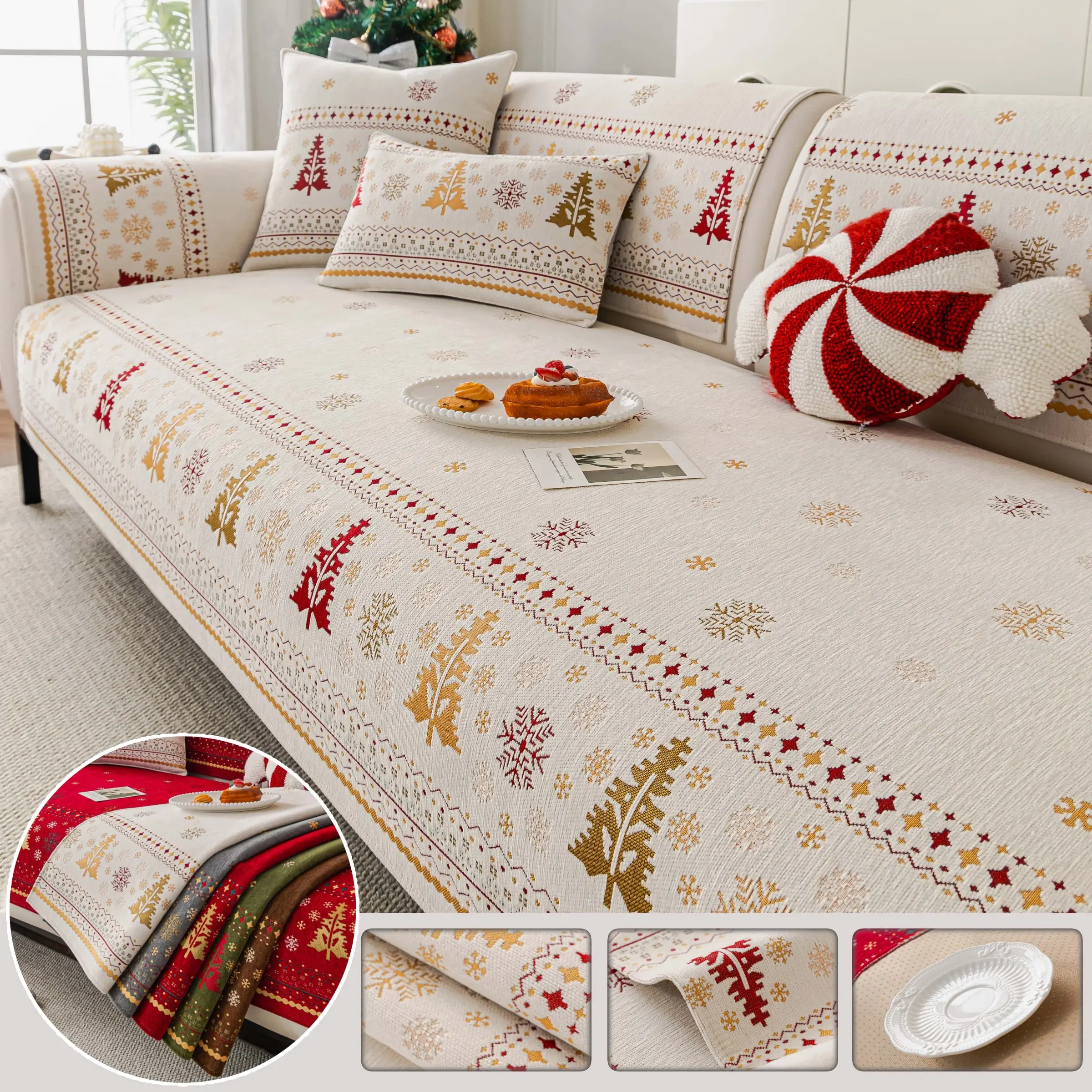 Christmas Snowflake Sofa Covers, Non-Slip Washable Couch Cover, Jacquard Sofa cushion Cover for Dogs, Pet-Friendly Anti-Scratch Soft Sofa Protector, 1Pc Set, Fits Armchair/Loveseat/3-Cushion Couch/L-Shaped Sectional