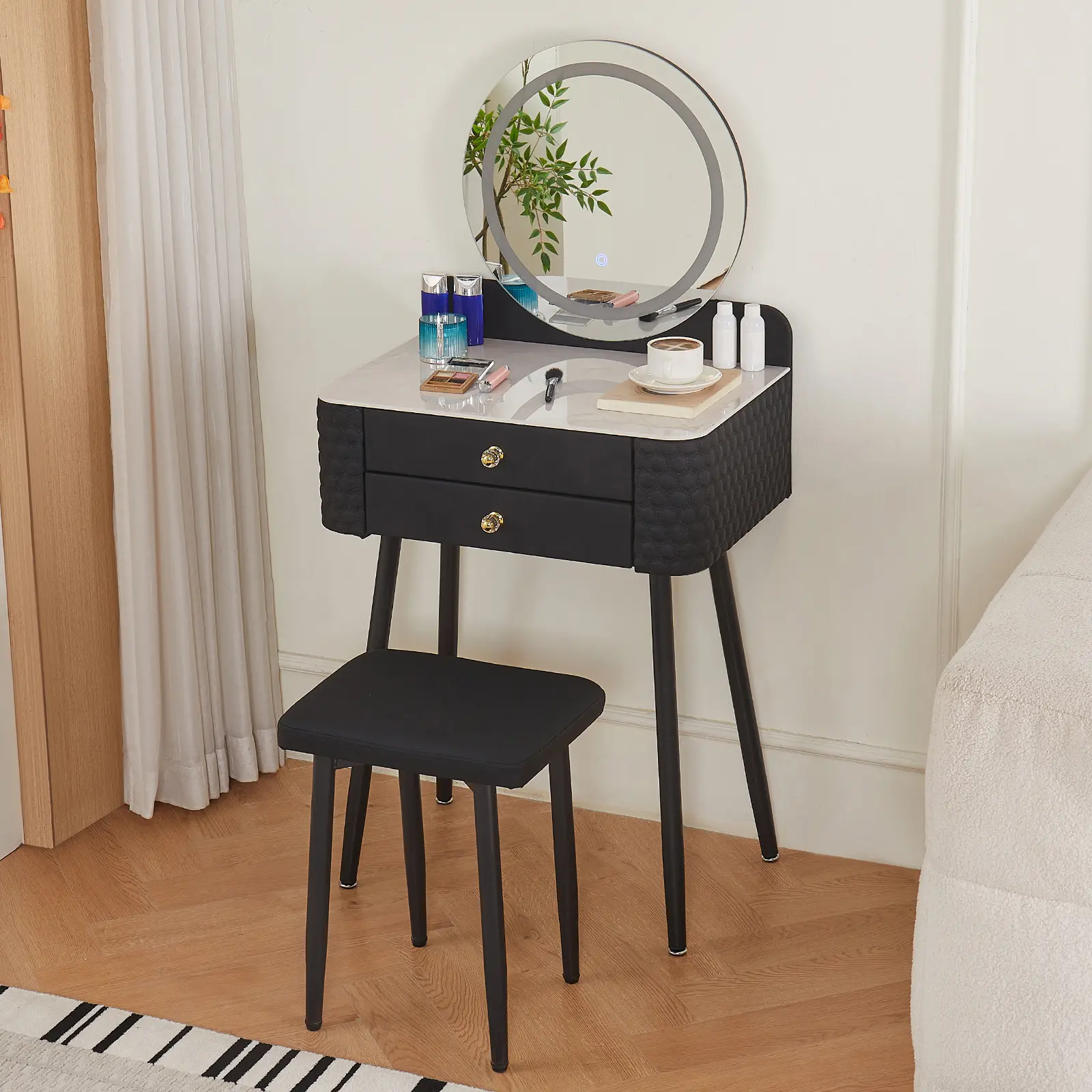 LAZEAMO Modern Makeup Vanity Desk with Round LED Mirror, Black Dressing Table Set with 2 Drawers and Cushioned Stool for Bedroom cheap
