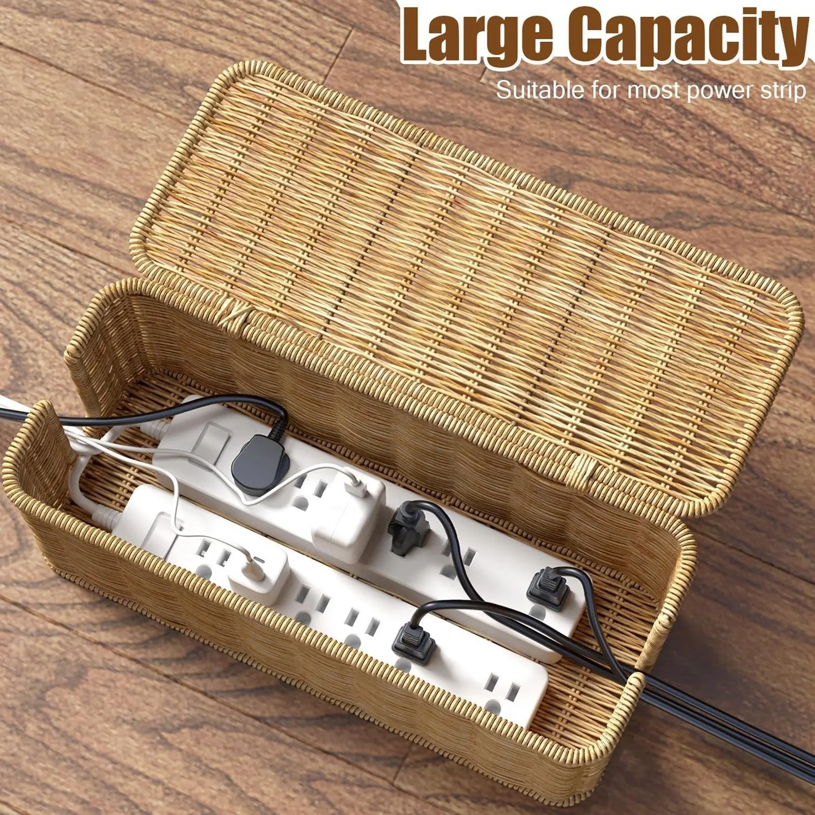 Desktop Cable Management Box Handwoven Wicker Rope Hidden Organizer with Cover, Power Line Socket Plug Strip Box Data Line Concealer, Desk Tidy, Desk Accessories, Cord Management Box