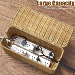 Desktop Cable Management Box Handwoven Wicker Rope Hidden Organizer with Cover, Power Line Socket Plug Strip Box Data Line Concealer, Desk Tidy