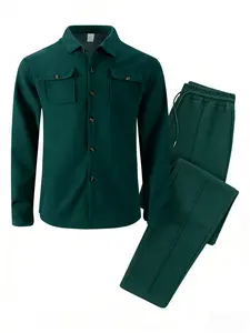 2026 new men's casual set, featuring a collared top and drawstring casual pants two-piece set, spring and autumn long-sleeve buttoned pocket sportswear set, regular fit, suitable for everyday casual wear