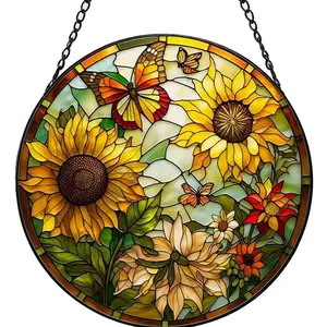 Sunflower Stained Glass Suncatcher Window Hanging, Yellow Glass Panel Sun Catcher Decor Gift for Women Men Wife Home Garden