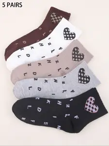 Women's Heart Pattern Fitted Crew Socks, 5 Pairs Multi-Color Casual Style, Comfortable & Stylish Design for Daily Wear