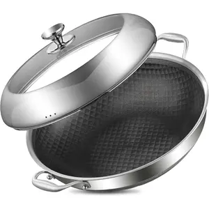 Tri-Ply Stainless Steel Wok Pan With Lid 14 Inch Non stick,Woks & Stir-Fry Pans Nonstick 6QT Deep Frying Pan, Induction Saute Pan With Lid,Dishwasher and Oven Safe