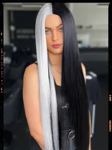 Halloween 28inches Half White Black Synthetic Lace Front Straight Layered Wigs For Women Girl Long Styles Straight Middle Part Glueless Colored Wig Daily Use For Party  180 Density
