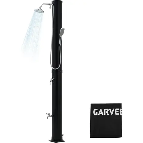 Garvee 10 Gal Solar Heated Freestanding Poolside Shower - 2-Section Brass/PVC Design, Hot/Cold Water Control, Shower Head, Foot Tap, Handheld Sprayer, 140°F Warm Rinse, Scratch-Resistant Cover for Family Garden Spa, 10 Gal Solar Heat, 2-Section Design