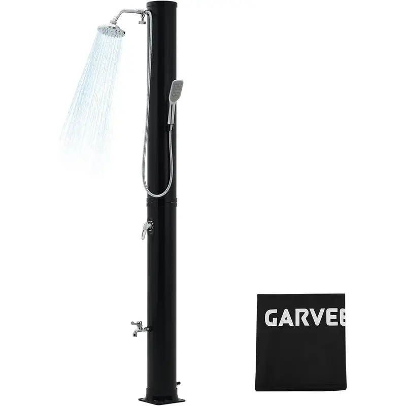 Garvee 10 Gal Solar Heated Freestanding Poolside Shower - 2-Section Brass/PVC Design, Hot/Cold Water Control, Shower Head, Foot Tap, Handheld Sprayer, 140°F Warm Rinse, Scratch-Resistant Cover for Family Garden Spa, 10 Gal Solar Heat, 2-Section Design