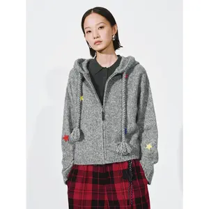 URBAN REVIVO 2026 Spring New Women's Long-Sleeve Hooded Drawstring Star Intarsia Plaid Knit Cardigan Tops, Soft Fabric, Stylish Sleeve Design, Casual Style, UYV960007
