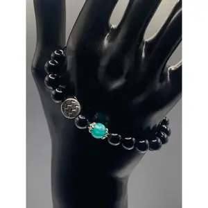 Aquarius Zodiac black obisidian with aquamarine chalcedony semi precious stone/crystal elastic beaded bracelet with silver accents