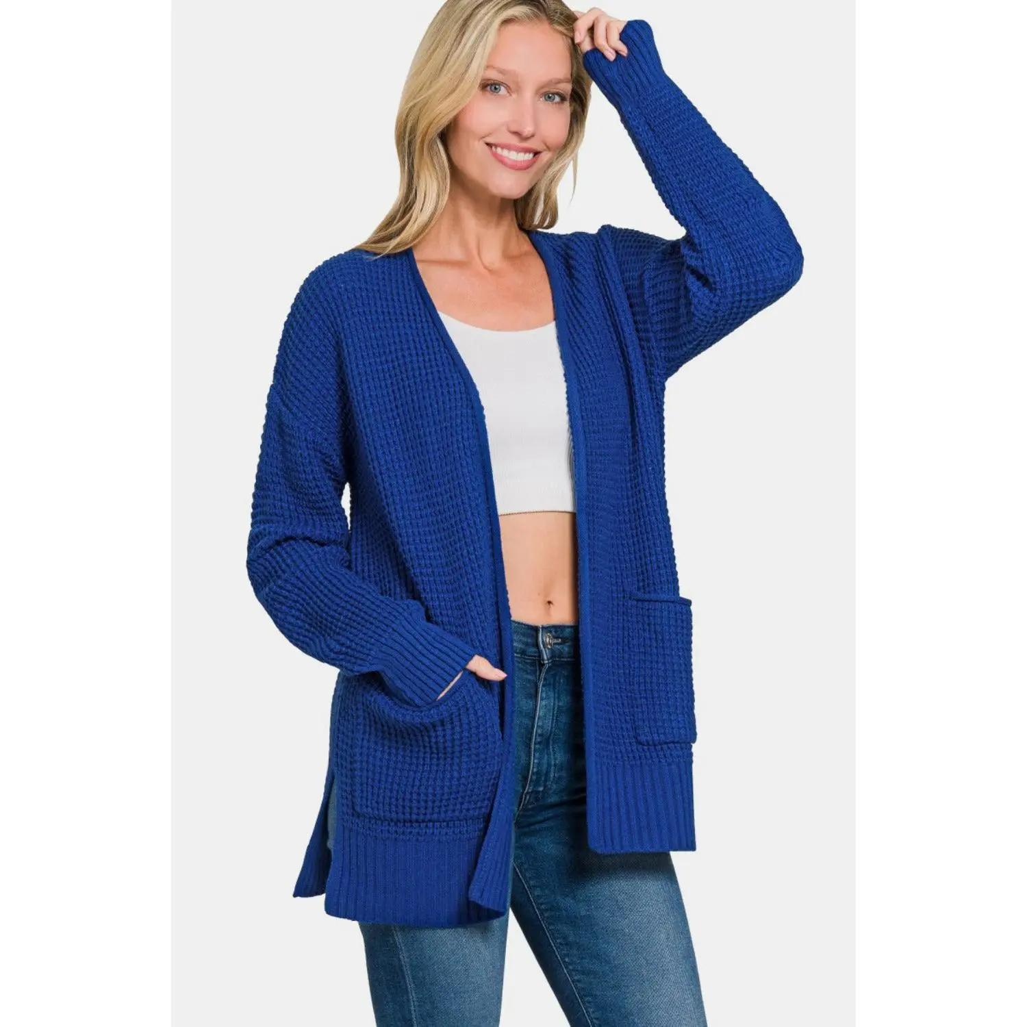 Zenana Waffle Open Front Sweater Cardigan