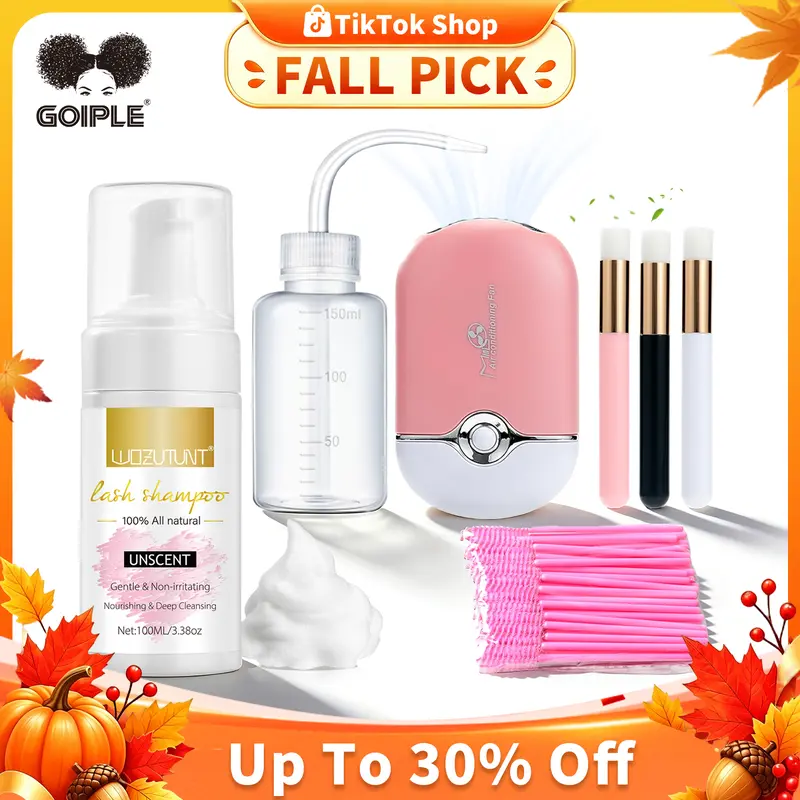 Goiple 100ml (3.38oz) Unscented Nourishing Eyelash Cleansing Shampoo Kit - Lash-Safe Mascara Cleanser Mousse, Mini Pink Handheld Fan, Normal Skin-Friendly Moisture Eye Treatment for Salon & Daily Selfcare, Beginner-Friendly