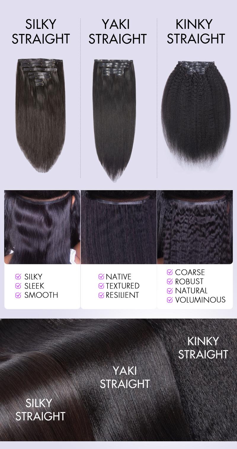 LUVME 100% Virgin Human Hair Extensions Seamless & Invisible Edge Straight, Body Wave, Kinky Curly, Yaki Straight, Messy Burmese Curl Clip-In