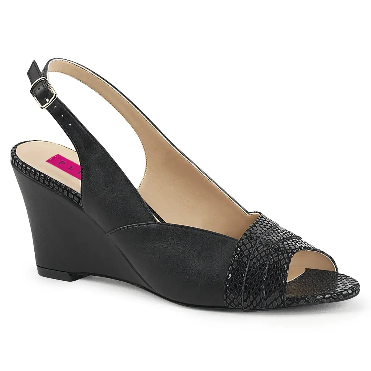 Pleaser Pink Label Kimberly-01SP Women's Slingback Wedge Peep Toe Sandal Black Vegan Leather