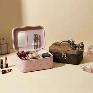 Luxury Large Capacity Makeup Bag with Mirror – Waterproof PU Travel Cosmetic Organizer with Silk Bow & Scarf, Portable Storage Case for Women (2 Sizes, Pink/Brown)