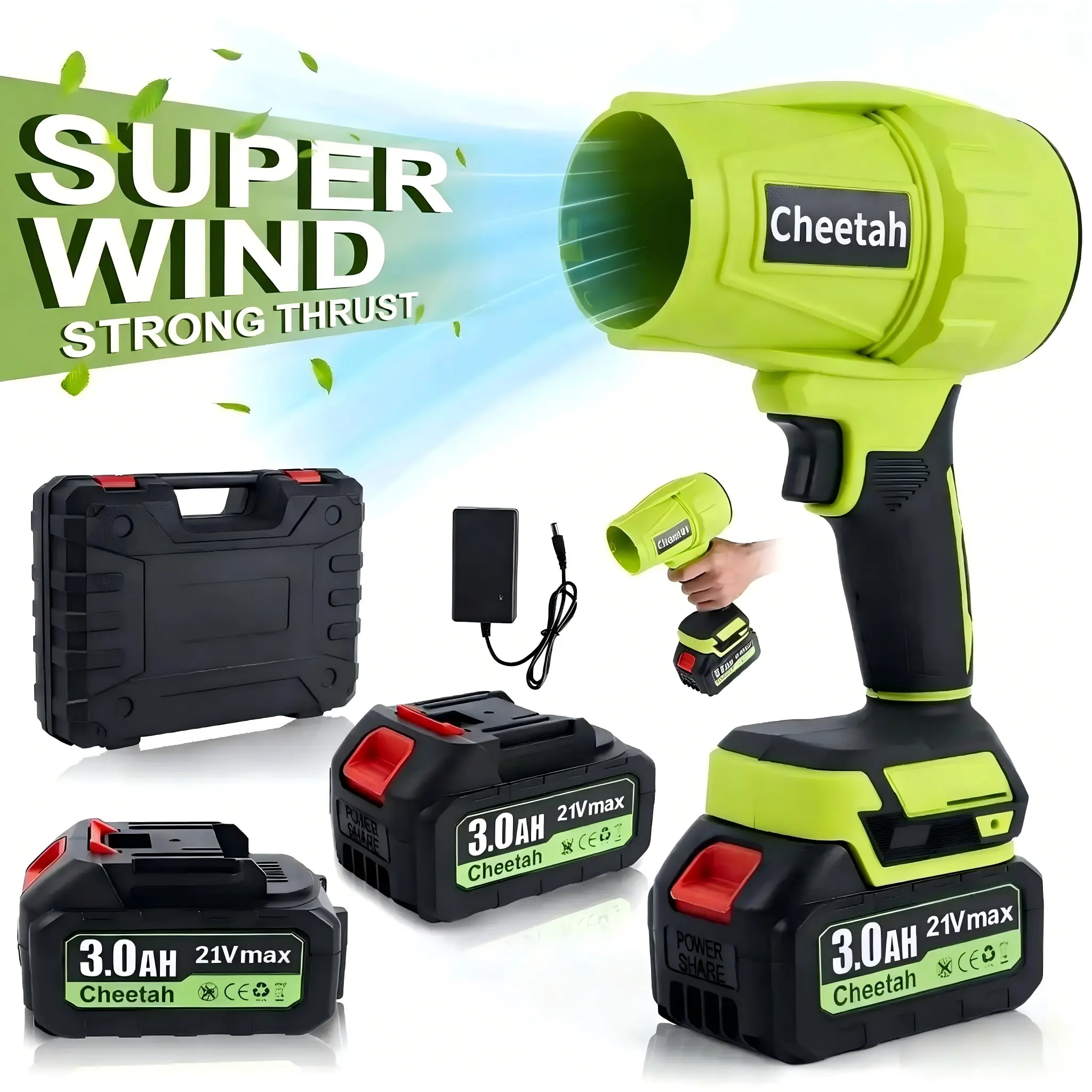 Cheetah Cordless Leaf Blower with 2 x 3000mAh Batteries 21Vmax Brushless Motor Violent TurboFan for Car Drying Leaf Cleanup & Snow Removal 1500G Strong Thrust