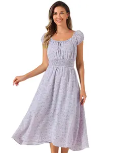 INSPIRE CHIC Floral Square Neck Puff Short Sleeves Flare Midi Dress