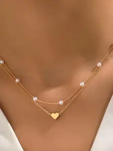2pcs set of stylish heart-shaped and artificial Imitation Pearl pendant necklaces for daily wear Heart Style Choker