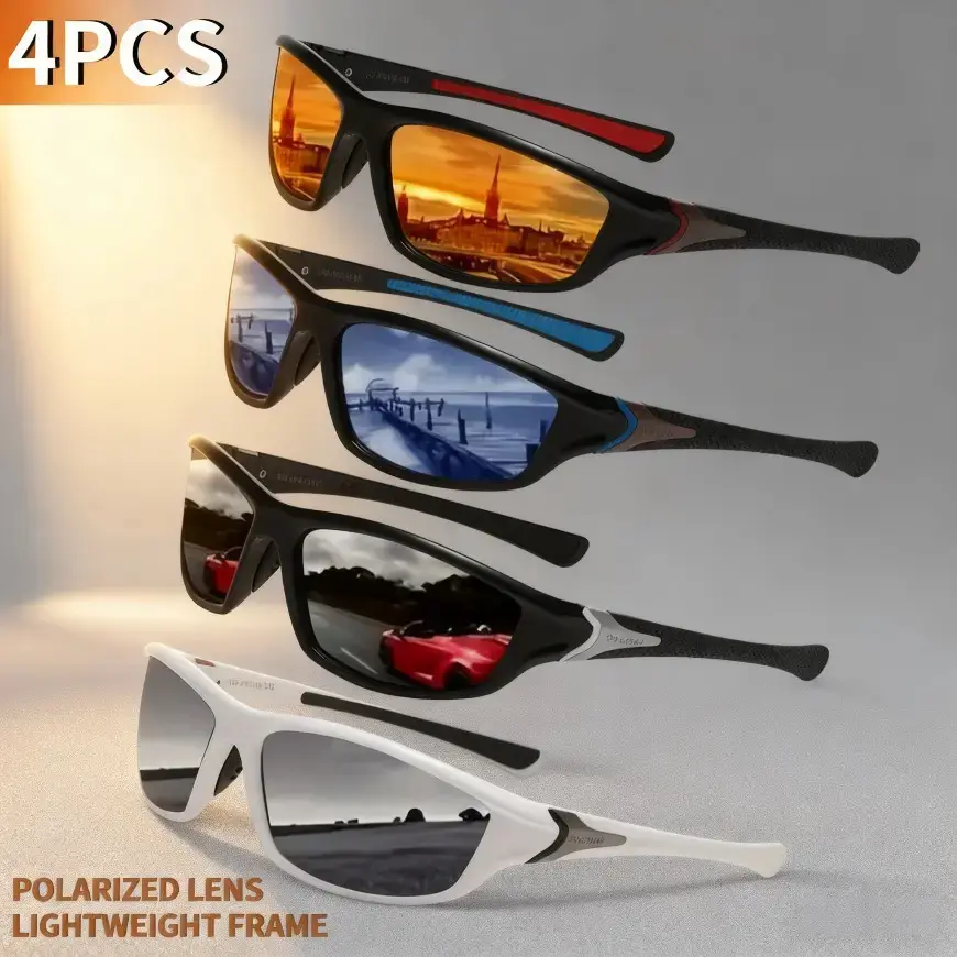 4 Pairs Unisex Vintage Polarized Sports Sunglasses, UV400 Full UV Protection Anti‑Glare Lenses, Bendable Flexible Lightweight Frame, Fashion Retro Eyewear for Men Women, Great Gift Choice for Driving Cycling Hiking Camping Outdoor Daily Activities