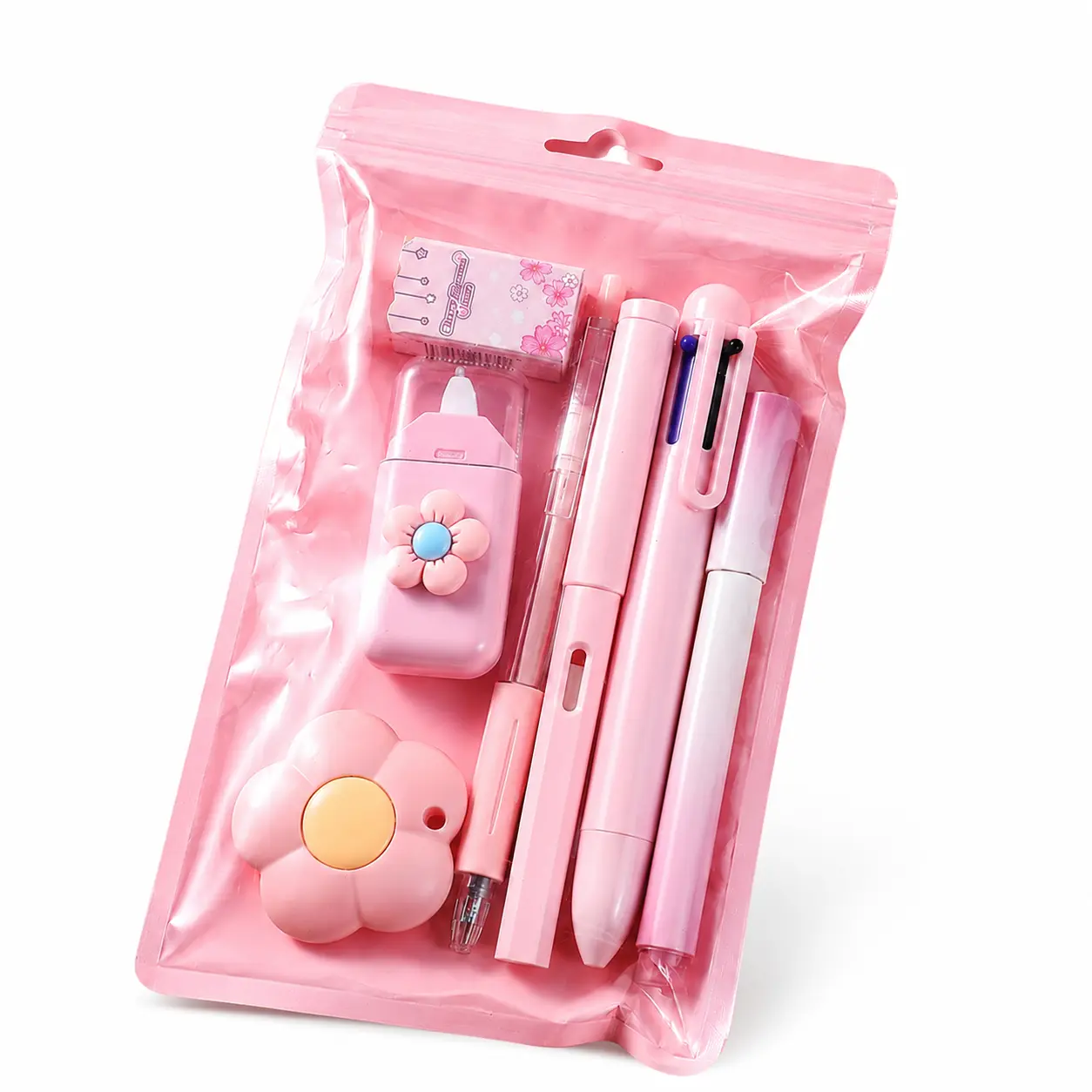 Premium Quality Kawaii Pink Stationery Set - Girly Office Supplies Kit with Pens, Highlighters, Marker Set, Correction Tape, Utility Knife, Cute Desk Accessories, Zip-Lock Bag; Birthday Gift Idea for Back to School, Coworkers