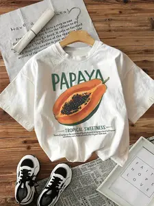 Women's Round Neck Short Sleeve T-Shirt, Papaya Graphic Print, Everyday Casual Wear, Soft Breathable Lightweight Fabric, Perfect Summer Fashion Top Womenswear