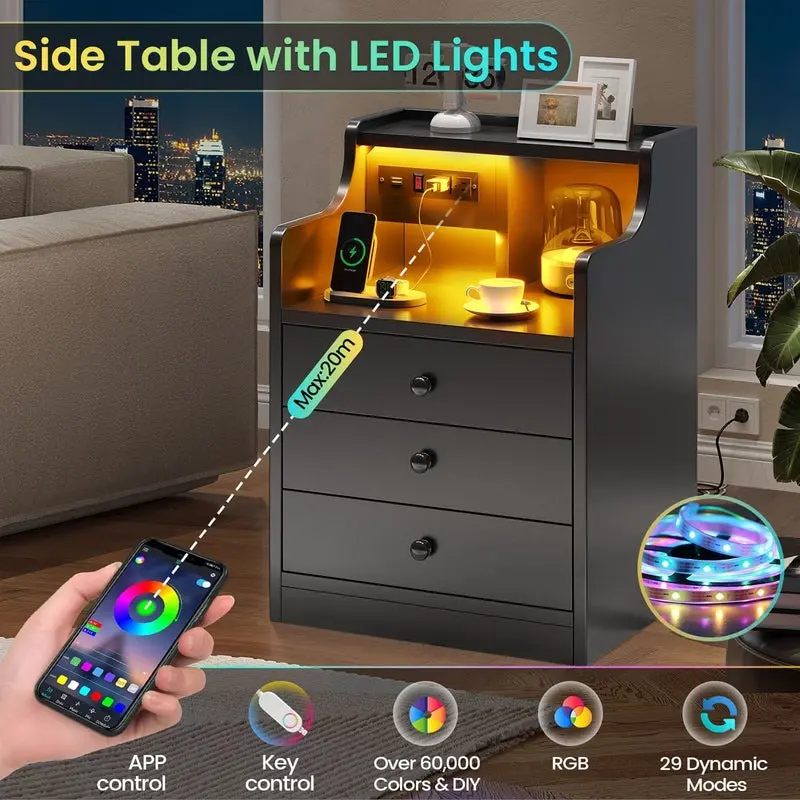 Sikaic LED Nightstand with Charging Station & Drawers