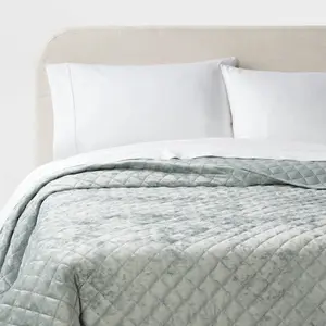 Full/Queen Luxe Diamond Stitch Velvet Quilt Light Teal Green - Threshold
