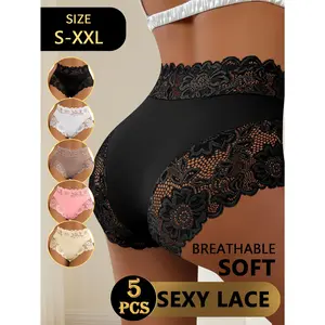 QUASTI 5 PCS Women's Mid Waisted Lace Lingerie Briefs Set, Smooth Milk Silky Seamless Full Coverage Breathable Soft Comfortable Panties, Exquisite Sweet Anti Roll Edge Elastic Mix Colors Four-Season Wear, S-XXL