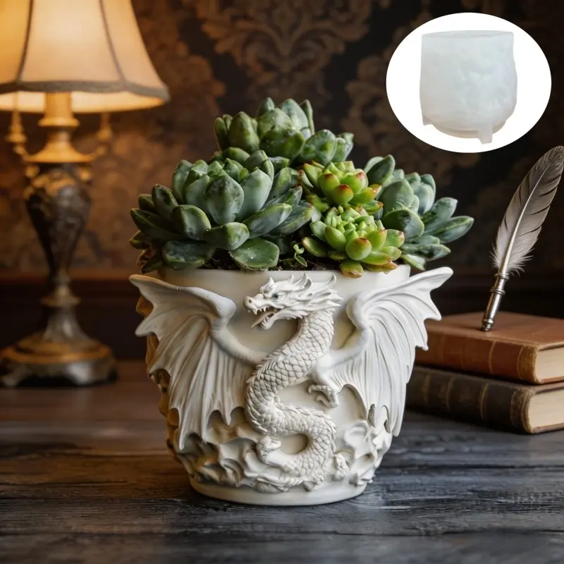 Dragon Sculpture Resin Silicone Mold, Round Succulent Planter, Sculptural Planter, Fire Dragon Relief Storage Box, Candle Holder, Garden Tool Mold, Home Decor Gift, Unique Pots