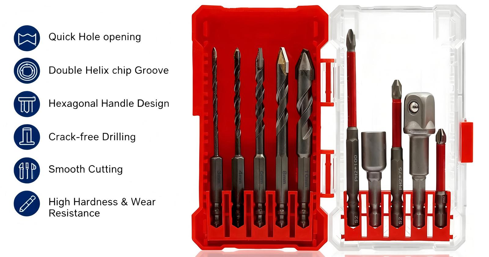 10 Piece Masonry Concrete Drill Bit Set and Screwdriver Bit Set with Hex Shank Extension Bars and 1/2" Socket Adapter, Eccentric Drill Bit Kit for Bricks, Tiles, Cabinet, Wood DIY Tools