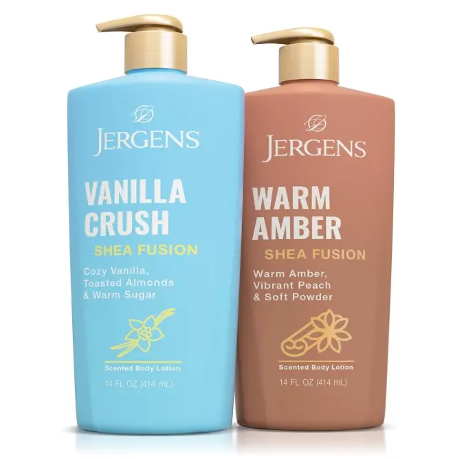 Jergens Shea Fusion Body Lotion Dual Pack, Moisturizer with Shea Butter and Vitamin E, Vanilla Crush 14 fl oz and Warm Amber 14 fl oz, Pack of 2