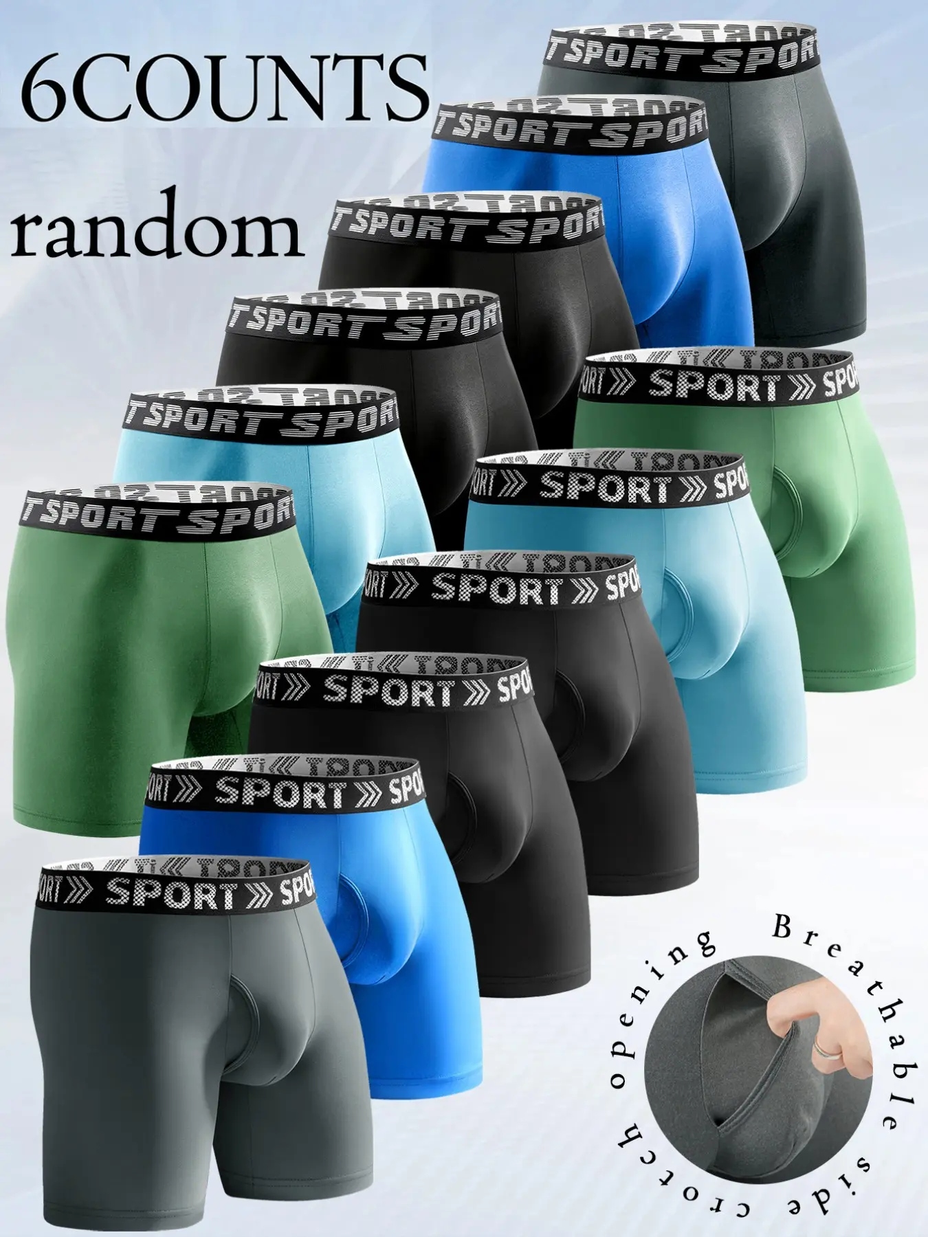 6 pcs random men's solid color daily long style boxer briefs, Underwear, Sportswear, Leisure and versatile, Soft and comfortable elastic fabric, Close fitting without restraint, Suitable for sports and fitness, outdoor travel, Stretchy Underwear