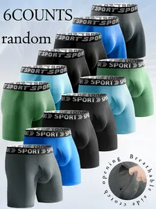 6 pcs random men's solid color daily long style boxer briefs, Underwear, Leisure and versatile, Soft and comfortable elastic fabric, Close fitting without restraint, Suitable for sports and fitness, outdoor travel