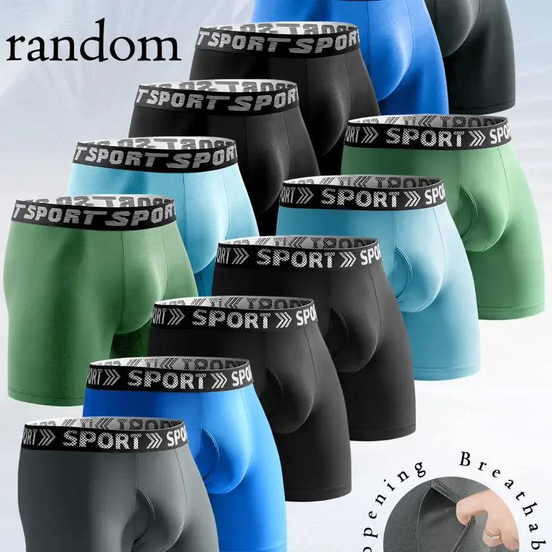 6 pcs random men's solid color daily long style boxer briefs, Underwear, Sportswear, Stretchy Sporty Underwear, Leisure and versatile, Soft and comfortable elastic fabric, Close fitting without restraint, Suitable for sports and fitness, outdoor travel
