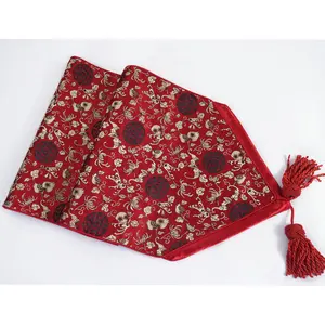 Vintage Embroidered Silk Satin Table Runner - Floral Motifs, Tasseled Ends, Multi-Size Options (34x150cm, 34x200cm) for Dining Tables, Embroidery