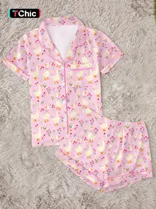 Adorable Goose Women's Pajamas Set, Fitted Heart Pattern Pyjama Set, Short Sleeve & Shorts, Party Wear, Loungewear, Nightwear, All Seasons