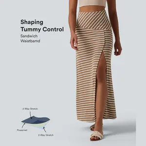 Halara Ribbed Knit High Waisted Tummy Control Stripe Maxi Casual Skirt with Pocket